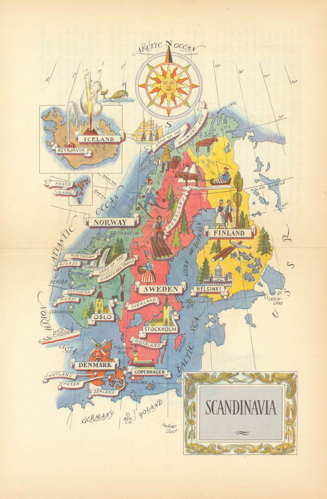 Scandinavia small pictorial map by Jacques Liozu 1952 old vintage chart